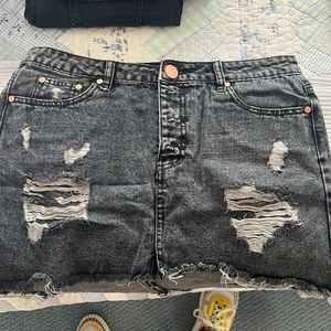 Mixology NYC Grey Denim Skirt with Rips and Bronze Button Closure, Size L